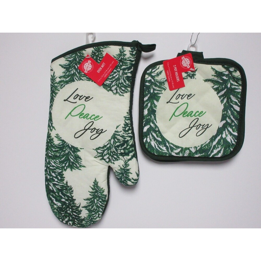 Christmas House lot of Kitchen set/Oven Mitt, 2 Pot Holders/Love Peace Joy